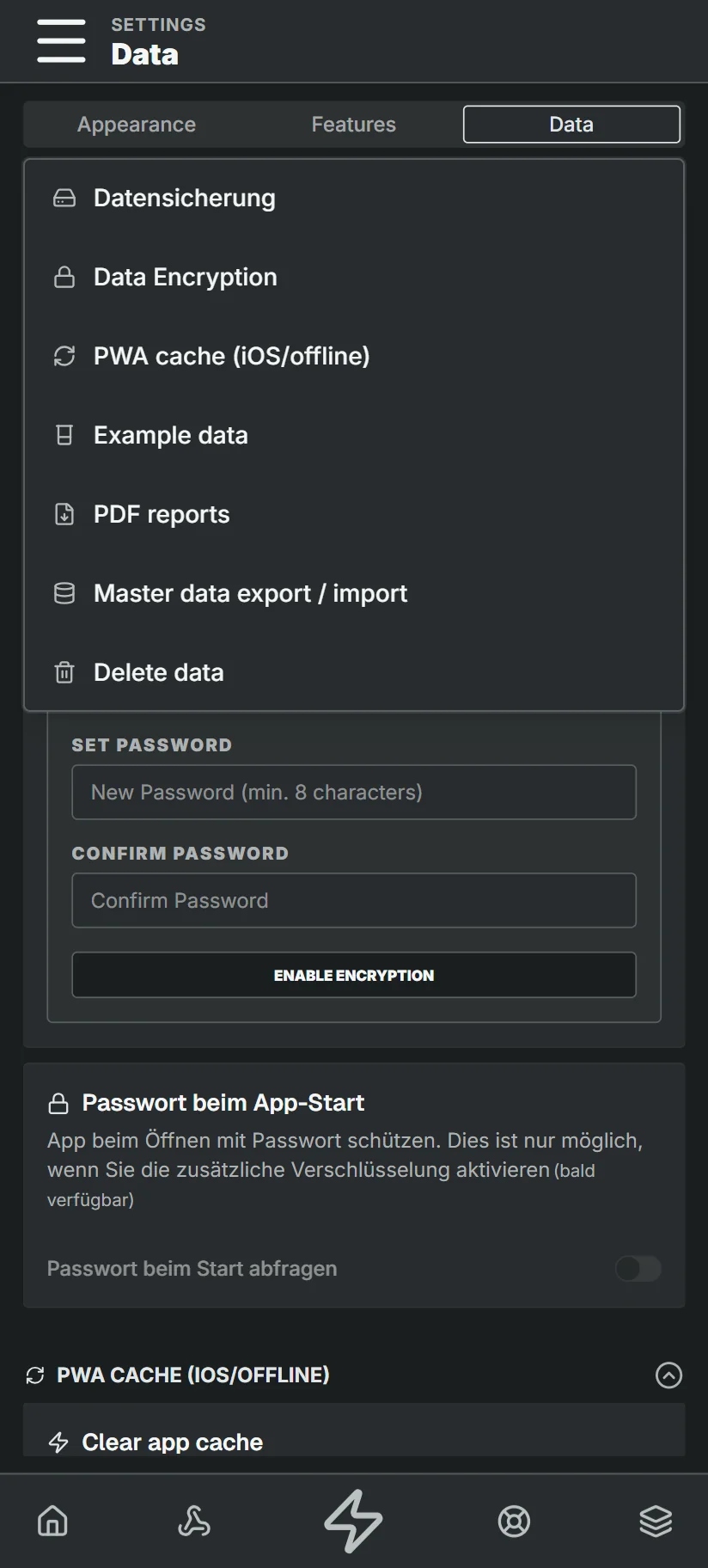 Settings: all data remains on device.